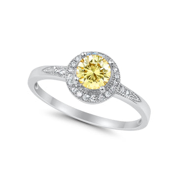 Halo Art Deco Engagement Ring Round Simulated Yellow CZ 925 Sterling Silver